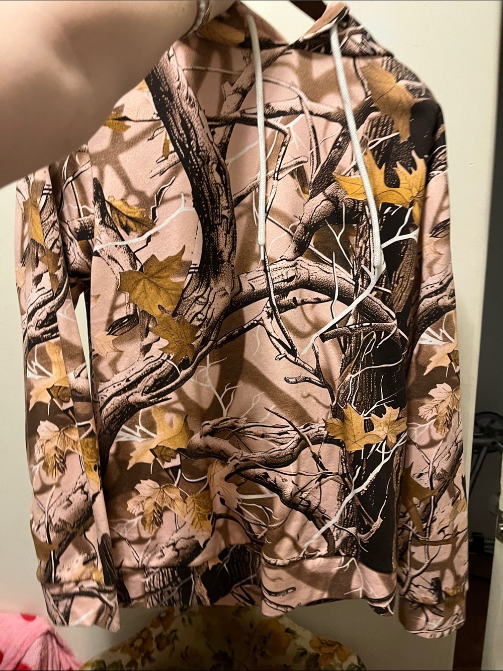 Urban Outfitters Pink Camo Tree-Print Hoodie with Brown & Gold Accents
